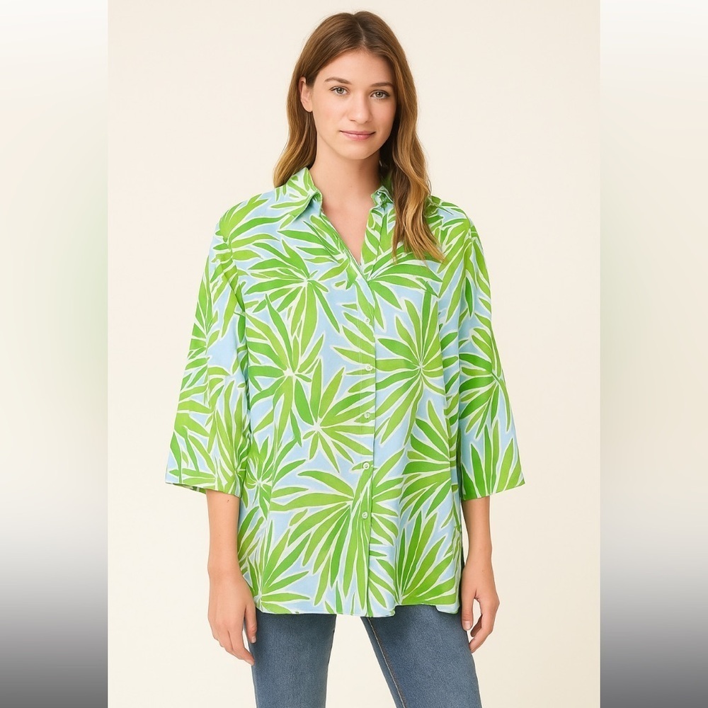 New without tag Sigrid Olsen linen palm leaf button up L $165 summer coastal